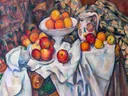 Stilleven met appels en sinaasappels van Paul Cezanne: stilleven met appels, sinaasappels, schaal en kan, in oranje, rood en wit