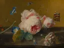 Stilleven met bloemen van Jan van Huysum: bloemen met rozen, vlinder, vogelnest en boeket, in roze en wit op okerbruin