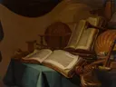 Stilleven met boeken, een globe en muziekinstrumenten van Jan Vermeulen: stilleven met boeken, globe, luit en groen kleed, in donker met groen en goud