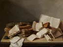 Stilleven met boeken van Jan Davidsz. de Heem: stilleven met boeken, papieren, tafel en inktpot, in warm beige en bruin