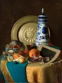Stilleven met boeken van Wiktor Skinder: stilleven met fruit en kaars en boek