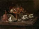 Stilleven met chocoladekopjes van Pieter Gerritsz van Roestraten: stilleven met brood en kaas