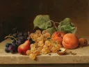 Stilleven met druiven, perziken, een peer en noten van Emilie Preyer: stilleven