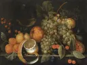 Stilleven met druiven, sinaasappels, bessen, een roemer wijn en een half geschilde citroen van Cornelis de Bryer: stilleven met fruit en glaswerk