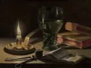 Stilleven met een brandende kaars van Pieter Claesz: stilleven met kaars, roemer, boeken en schaar, in donker met warm goud
