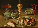 Stilleven met een drinkschaal, druiven, fruit, olijven, brood en een glas wijn van Osias Beert: stilleven met brood en kaas en fruit