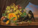 Stilleven met een fruitmand vol druiven, perziken en vijgen, met een aapje van Franz Xaver Petter: stilleven