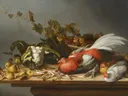 Stilleven met een haan en kippen op een tafelblad van Balthasar Huys: stilleven