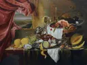 Stilleven met een verzonnen vergezicht van Laurens Craen: stilleven met brood en kaas, fruit en glaswerk