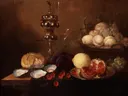 Stilleven met een zilveren beker, oesters, granaatappel, kersen en druiven van Jan van den Hecke: stilleven met brood en kaas, fruit en vis