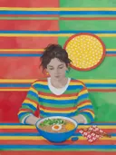 Schilderij van stilleven met eten in vier heldere kleuren naast elkaar