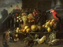 Stilleven met fruit, groenten, een aap en een papegaai in een tuin van Adriaen van Utrecht: stilleven met fruit