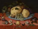 Stilleven met fruit van Balthasar van der Ast: stilleven met fruit, schelpen, tulp en meloen, in warm rood en geel