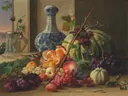Stilleven met fruit van Carl Balsgaard: stilleven met druiven, sinaasappel en vink