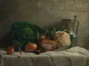 Stilleven met groenten, een patrijs en een kruik van Adolphe-Félix Cals: stilleven