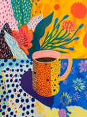 Stilleven met koffiemok schilderij, kleurrijke illustratie met bloemen en bladeren
