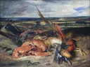 Stilleven met kreeft en jacht- en visbuit van Eugène Delacroix: stilleven