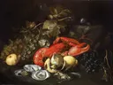 Stilleven met kreeft en oesters van Alexander Coosemans: stilleven met fruit en vis