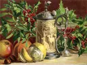 Stilleven met kruik, wijnglas en hulst van AnonymousUnknown author: stilleven met brood en kaas