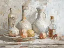Schilderij van flessen, kruiken en fruit op een tafel.