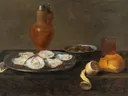 Stilleven met oesters, citroen, olijven en een kruik van Jacob van Es: stilleven met brood en kaas en vis