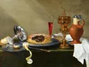 Stilleven met pastei, drinkgerei en citroen van Isaac Wigans: stilleven met kan, tazza en wijnglas