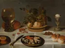 Stilleven met roemer en fruitmand op tafel van een onbekende meester: stilleven