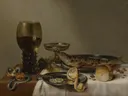 Stilleven met roemer en horloge van Willem Claesz. Heda: stilleven met roemer, oesters, brood en wit kleed, in gedempt grijsbeige