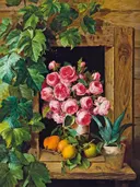 Stilleven met rozen en abrikozen van Ferdinand Küss (Wien 1800 - 1886 Pörtschach): stilleven met rozen