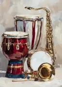 Stilleven met trommels en saxofoon, stilleven schilderij
