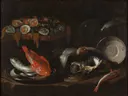 Stilleven met vis en oesters van Giovanni Battista Recco: stilleven met brood en kaas, zilverwerk en vis