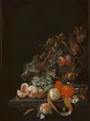 Stilleven met vruchten van Cornelis de Heem: stilleven met fruit, druiven, perziken en bladeren, in donker met rood en groen