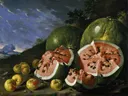 Stilleven met watermeloenen en appels in een landschap van onbekend: stilleven met fruit