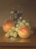 Stilleven met wijnglas en twee perziken van Robert Spear Dunning: stilleven