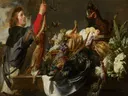 Stilleven met wild en een jager van Frans Snyders: stilleven met groenten, kool, fruit en jager, in donker met rood en groen