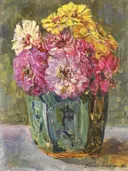 Stilleven met zinnia's in een gemberpot van Floris Verster: stilleven met boeket en bloemen