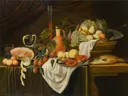 Stilleven op een gedrapeerde tafel van Gilliam Dandoy: stilleven met fruit