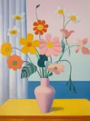 Stilleven met een roze vaas vol kleurrijke bloemen in een kleurrijke kamer.