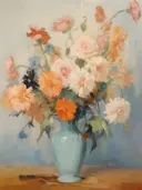 Stilleven met rozen en anjers in een blauwgroene vaas op een houten tafel.