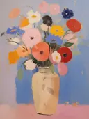 Stilleven met een taupe vaas gevuld met perzikkleurige en witte rozen tegen een blauwe muur.