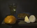 Stilleven van brood, bord met olijven, roemer en citroen van Jacob van Es: stilleven