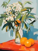 Stilleven met witte bloemen in een vaas en sinaasappels tegen blauwe achtergrond.