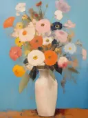 Stilleven met een witte vaas gevuld met een kleurrijk bloemenboeket tegen blauwe achtergrond.
