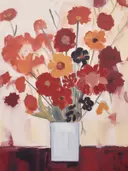 Stilleven met een witte vaas gevuld met rode en oranje bloemen.