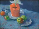 Stillleben van Alexej von Jawlensky: stilleven met fruit, appels, schaal en tafel, in fel blauw met rood en groen
