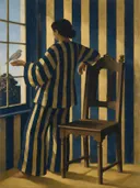 Schilderij van stoel bij het raam in nachtblauw en goud, in vlakke kleurvlakken