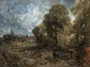 Stoke by Nayland van John Constable: landschap met bomen, kerktoren, kar en weiland, in groen met grijsblauw