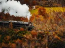 Stoomlocomotief met witte rookpluim rijdend door een herfstlandschap met kleurrijke bomen.