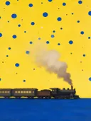 Schilderij van stoomtrein in citroengeel en kobalt