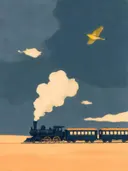 Schilderij van stoomtrein in grijsblauw en abrikoos, in vlakke kleurvlakken